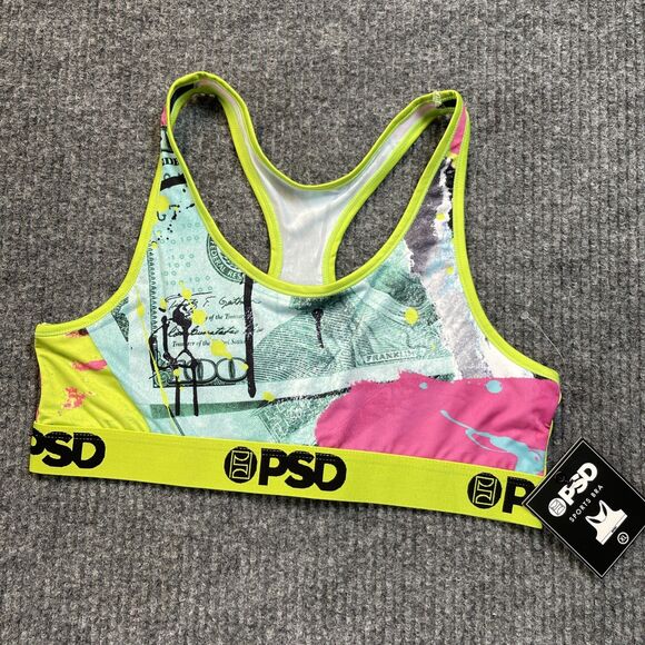 PSD Womens Size XL Sports Bra Neon Green Pink Money Bill Bra Size 36DD-40C NEW - Picture 5 of 12
